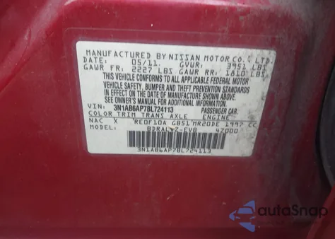 2011 Nissan Sentra 2.0Sl z USA, uszkodzony, nr VIN 3N1AB6AP7BL724113